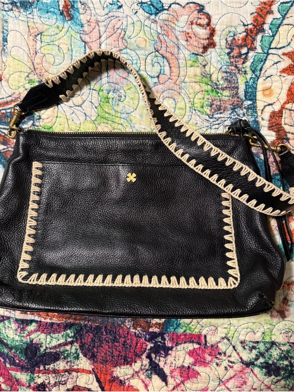 Lucky Brand Black Leather Shoulder Bag with Cream Whipstitch
